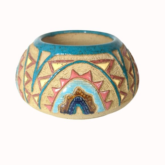 Vintage Studio Art Etched Pottery Short Vase Bojo Rainbows SIgned BW - Picture 2 of 6